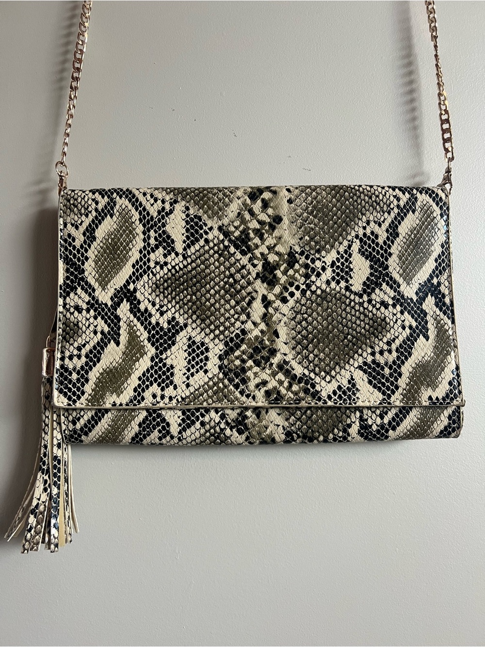 Urban Expressions Snakeskin Crossbody Bag Foldover Clutch Gold Chain Tassel Y2K